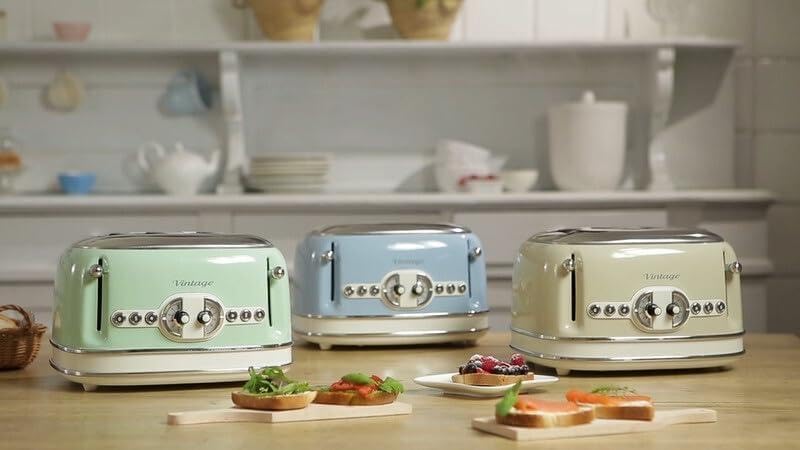 Ariete Vintage 156, 4-Scheiben-Toaster, Retro Toaster mit 6 Toaststufen, Automatischer Auswurf, Auftaufunktion, Herausnehmbares Krümelfach, Gehuse aus Edelstahl, 1600W, Beige