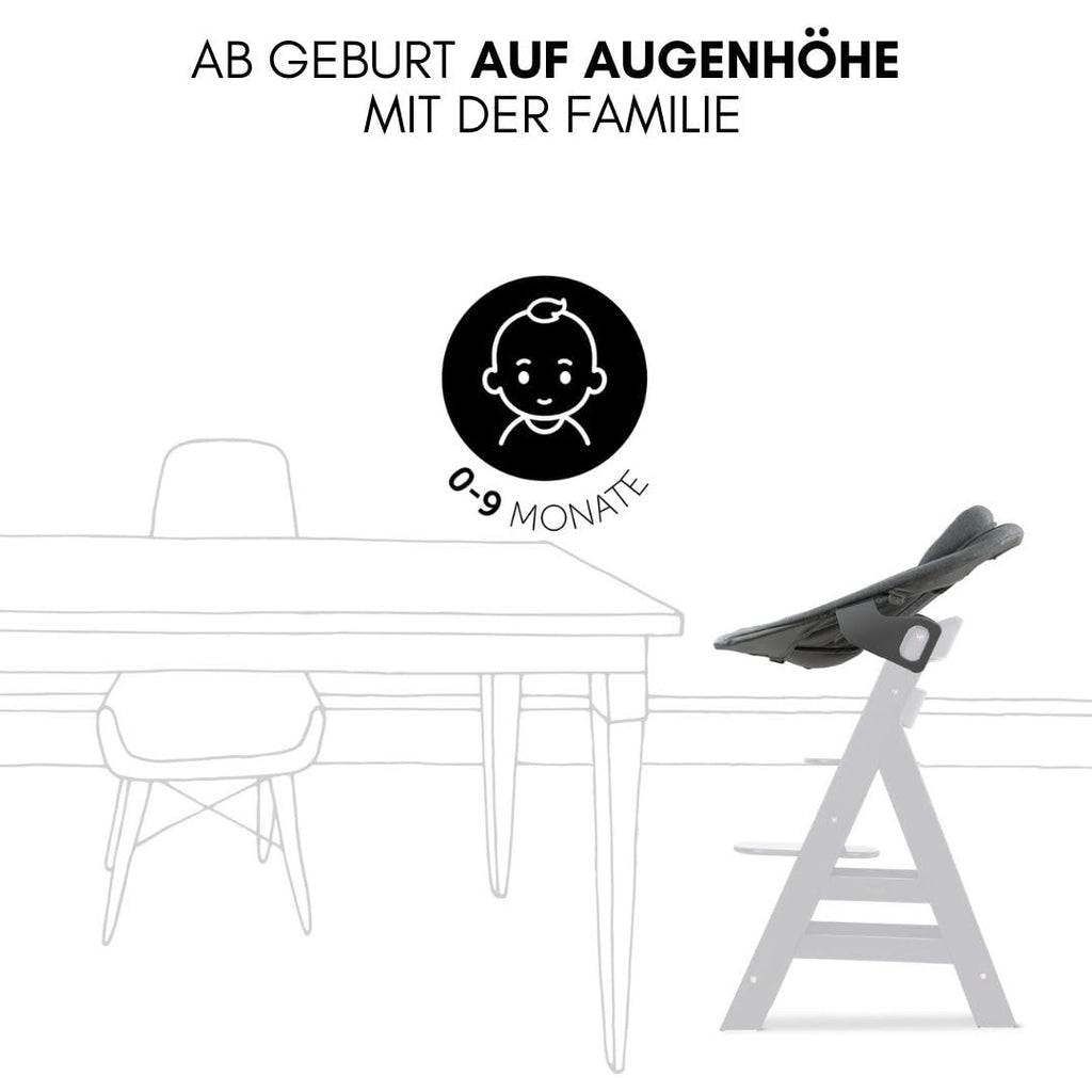 hauck Alpha Plus Newborn Set mit Premium Bouncer Dark Grey - Baby Holz Hochstuhl ab Geburt mit Liegefunktion - extra flacher Aufsatz für Neugeborene & Baumwoll Sitzpolster - Grau