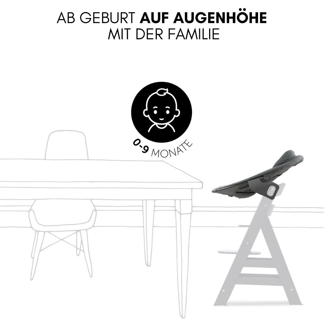 hauck Alpha Plus Newborn Set mit Premium Bouncer Dark Grey - Baby Holz Hochstuhl ab Geburt mit Liegefunktion - extra flacher Aufsatz für Neugeborene & Baumwoll Sitzpolster - Grau