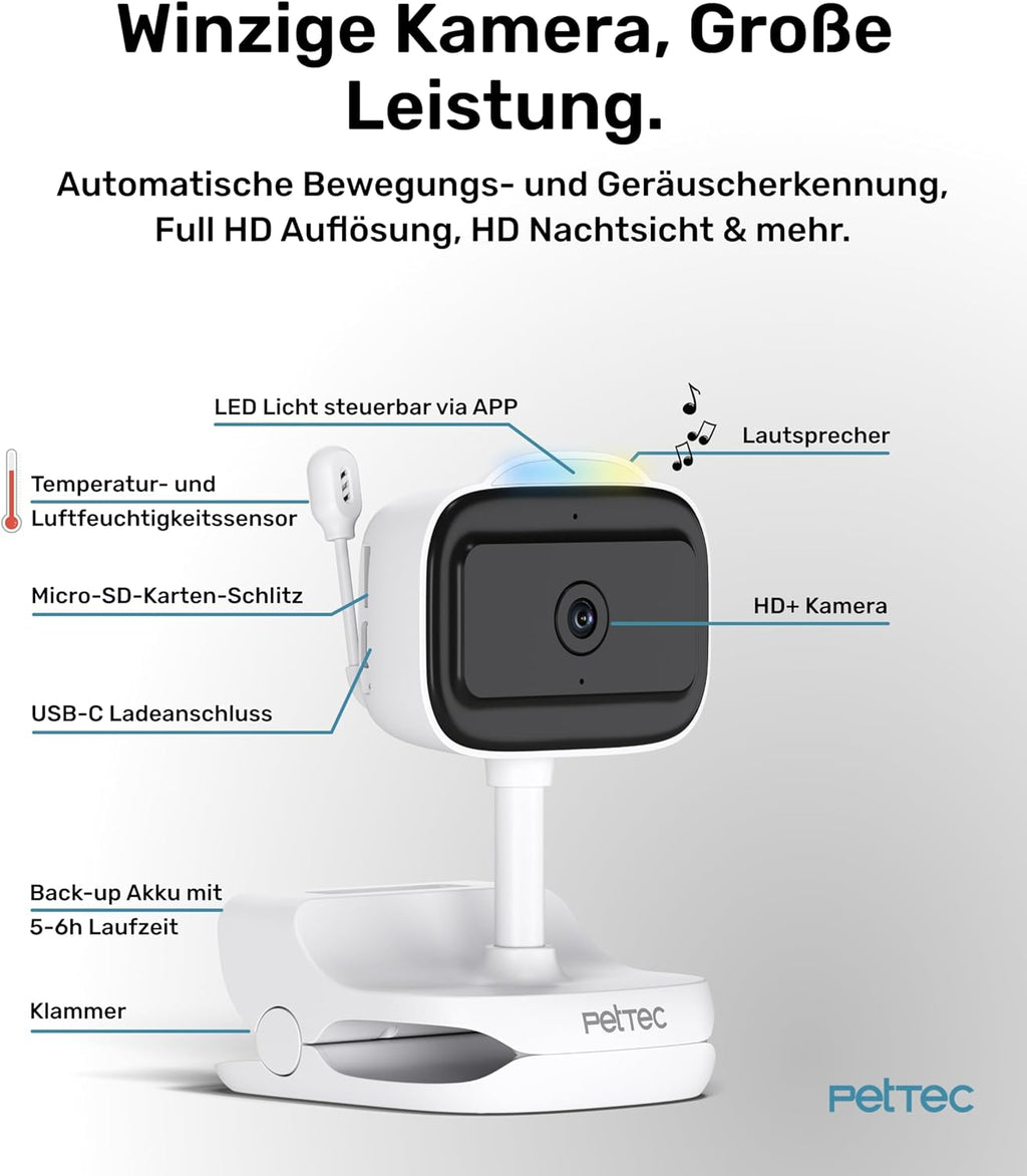 PetTec Videocamera per animali domestici a 360° e distributore automatico di cibo con espulsione di crocchette - tramite App e pulsante multifunzione - Rilevamento dei latrati - Funzione visione notturna 3MP - Telecamera per cani e gatti
