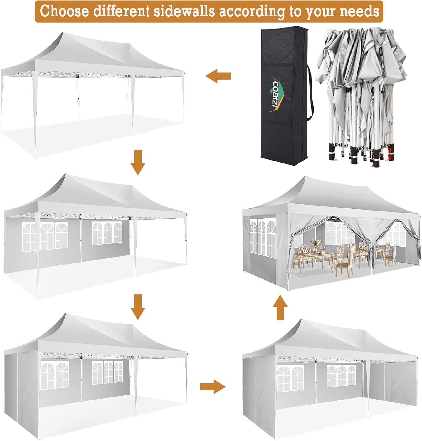 COBIZI Gazebo Pieghevole 3x6 Impermeabile Stabile con 6 Pareti Laterali, Tenda a Padiglione con Tetto a Punta, 3 Altezze Regolabili, Protezione UV, Borsa per Il Trasporto, Picchetti, Corde per Giardino, Matrimoni, Mercati, Eventi all'Aperto