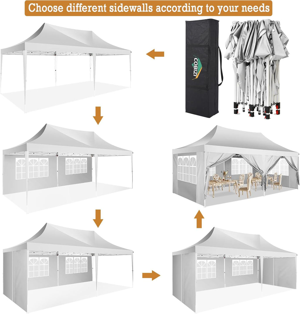 COBIZI Gazebo 3x6 Pieghevole Impermeabile Stabile con 6 Pareti Laterali a Cono Tenda per Feste 3 Altezze Regolabili Protezione UV Borsa per il Trasporto Picchetti, Corde per Giardino, Matrimoni, Mercati, Eventi all'Aperto