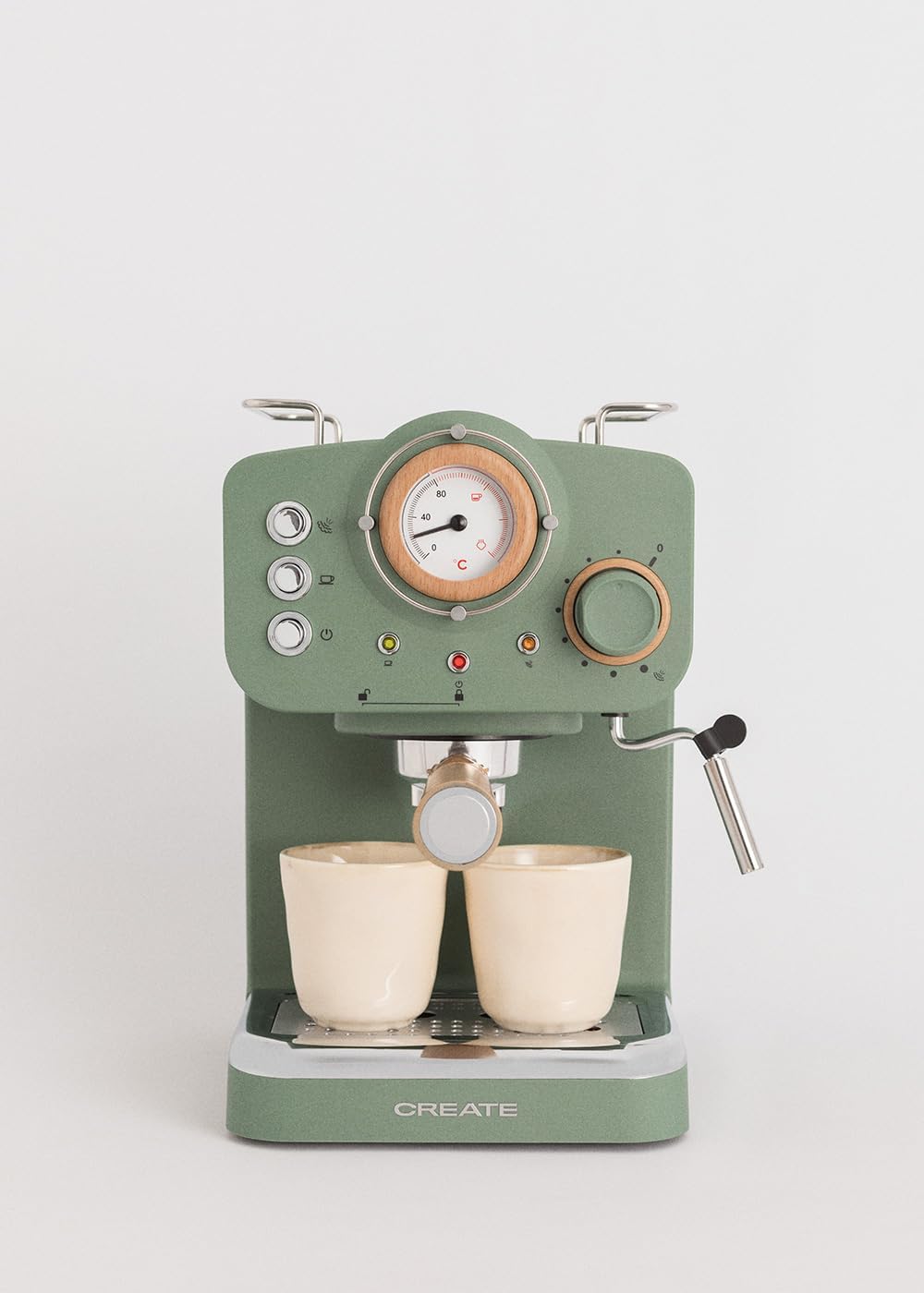 CREATE / THERA RETRO/Macchina da caffè espresso semiautomatica Rosa Pastello Opaco e Legno / Pompa a pressione 20bar, 1100W, Serbatoio acqua 1.25L, per caffè macinato, cialde ESE 55mm, con vaporizzatore, 1100W