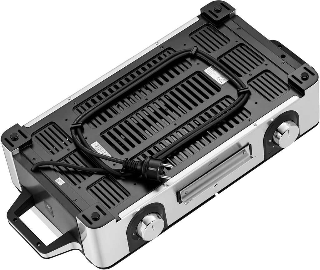 WMF Lono Master-Grill, Grill Elettrico, 50x28 cm, Grill Elettrico da Tavolo con Paravento e Vaschetta Raccogligocce, Certificato per Esterni per Barbecue, 2 Superfici di Cottura Regolabili Separatamente, 2400 W, Acciaio Inossidabile Opaco