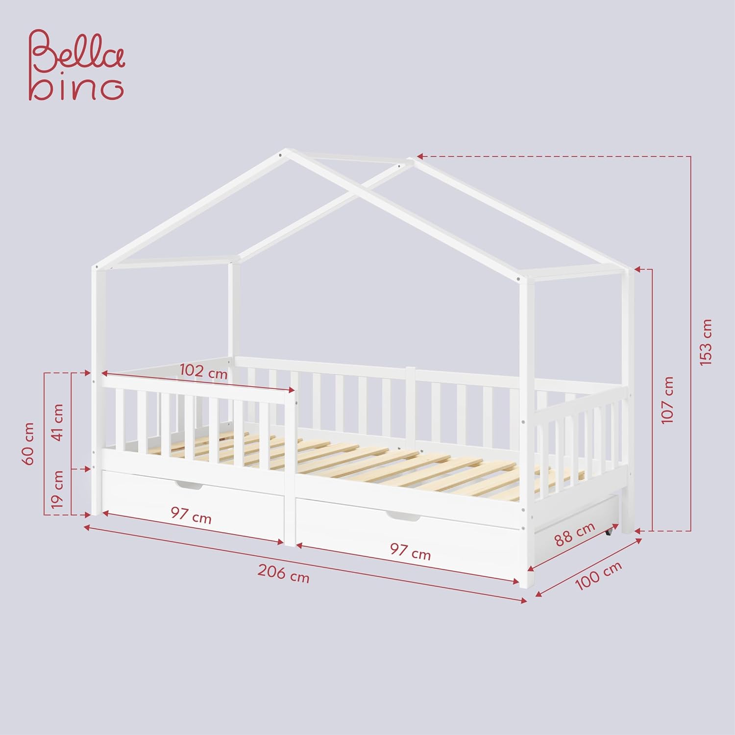 Bellabino Lettino per bambini Bia 140x200 cm, letto a capanna per bambini con protezione anticaduta e rete a doghe arrotolabile, letto a terra Montessori bianco in legno massello di pino