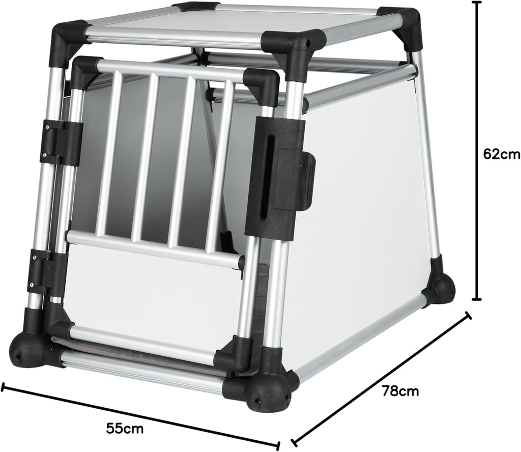 TRIXIE Hunde-Transportbox Aluminium in silber – M: 55 × 62 × 73 cm, stabile und geräuscharme Hundebox mit abgeschrägten Seiten, Sicherheitsverschluss & rutschfester Liegematte – 39342