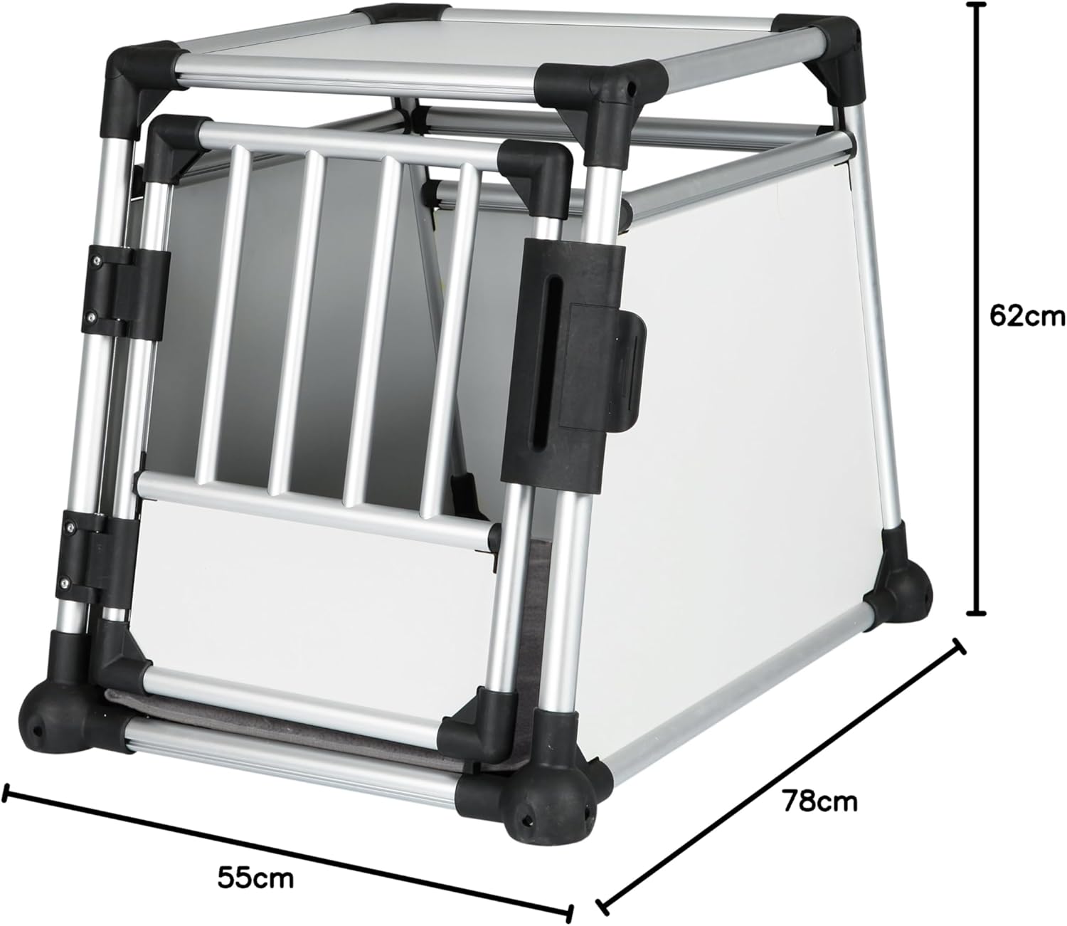 TRIXIE Hunde-Transportbox Aluminium in silber – M: 55 × 62 × 73 cm, stabile und geräuscharme Hundebox mit abgeschrägten Seiten, Sicherheitsverschluss & rutschfester Liegematte – 39342
