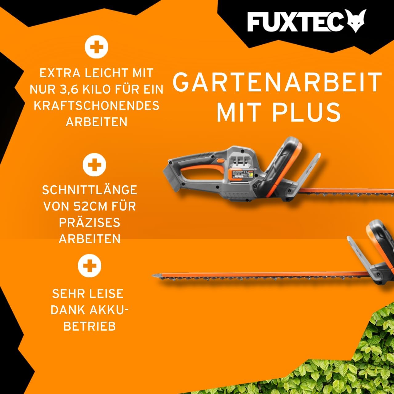 FUXTEC Heckenschere 20V inkl. Akku FX-E1HS20 Elektrischer Heckentrimmer mit Li-Ionen Batterie und Ladegerät – Schnittlänge 52 cm