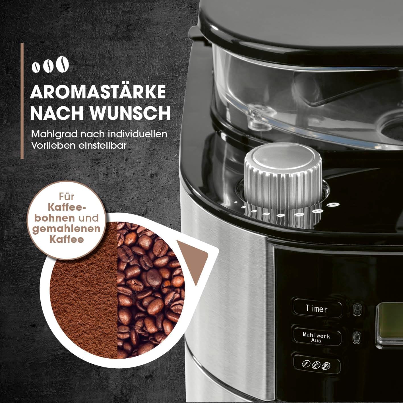 Barista Kaffeemaschine mit Mahlwerk | Filterkaffeemaschine mit Glaskanne | 900W Filtermaschine mit Touchdisplay & Timerfunktion für bis zu 10 Tassen | 1,25 Liter Kaffeekanne | Für Bohnen & Pulver