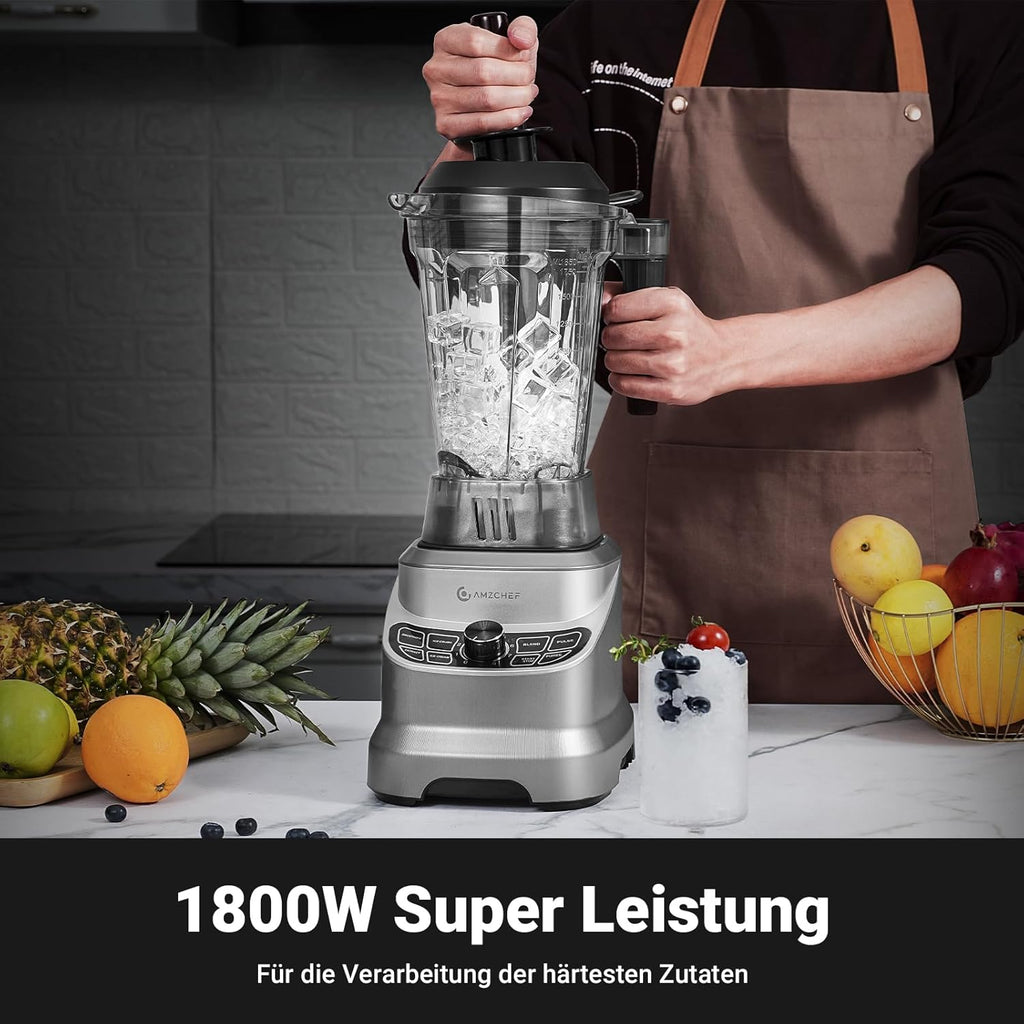 AMZCHEF Frullatore Professionale 2 IN1 con Contenitori da 1850 ml e 600 ml per Due Modalità di Frullatura | Frullatore da Tavolo 2000 Watt con 6 Lame Professionali e 22000 Giri/Min - Grigio Opaco