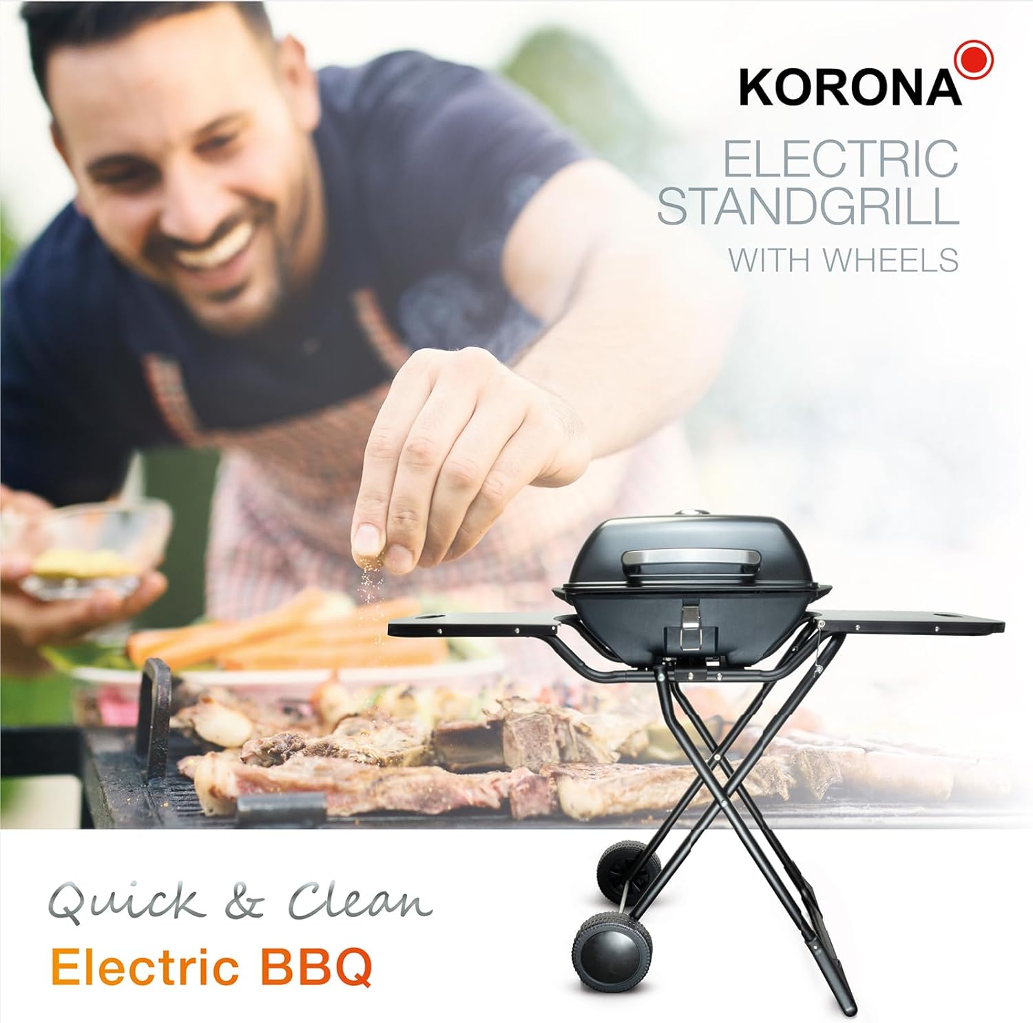 Korona 46222 Elektro-Standgrill mit Rollen | 2400 Watt Elektrogrill | Geteilte XXL Grillfläche, geriffelt und glatt | mit Deckel und Temperaturanzeige