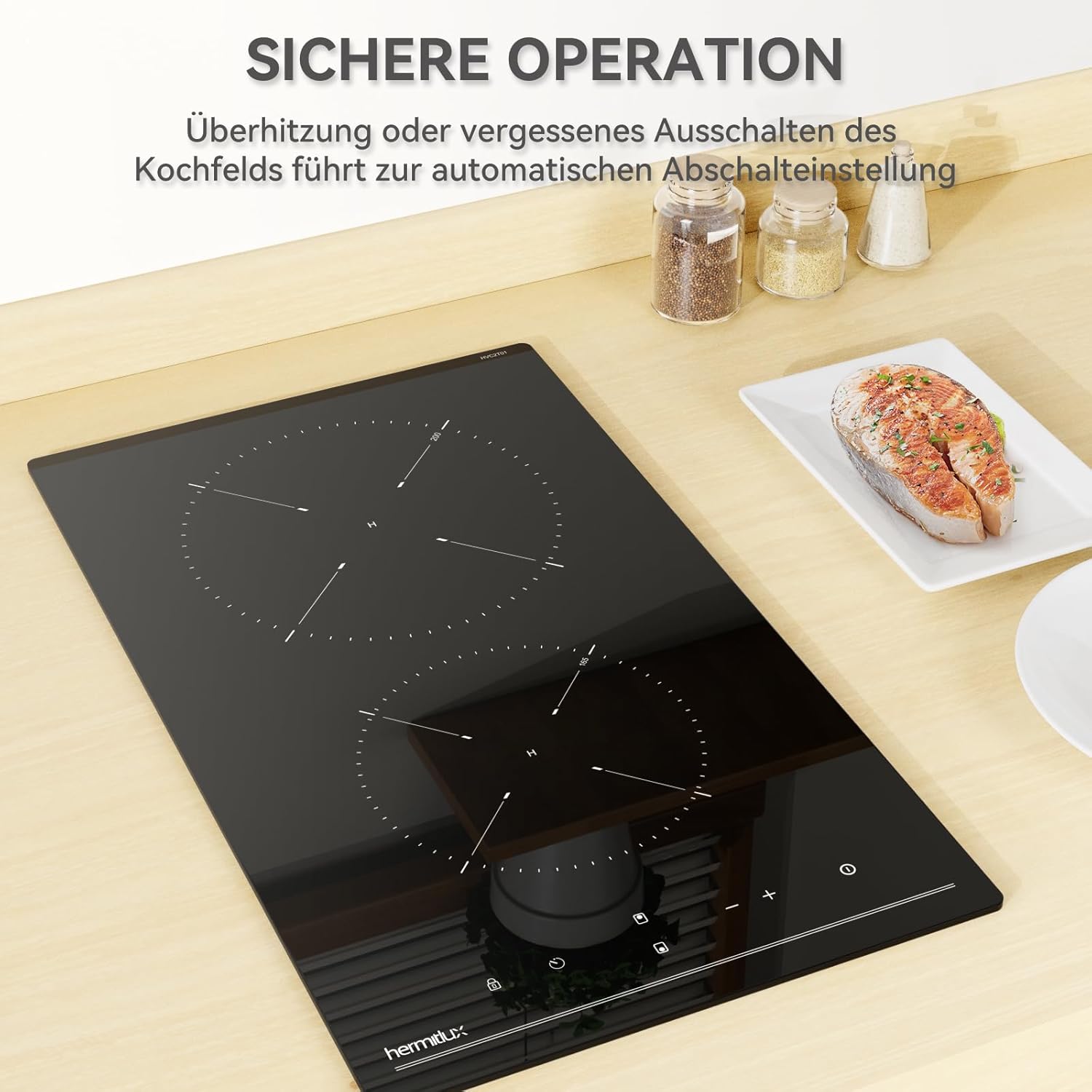 Hermitlux Domino Glaskeramikkochfeld,Eingebaut 29 cm schwarz Glaskeramik elektrisches Kochfeld,9 Leistungsstufen,Sensor-Touch-Steuerung, Kindersicherung, 1-99 Minuten-Timer,Geeignet für Alle Tpfe