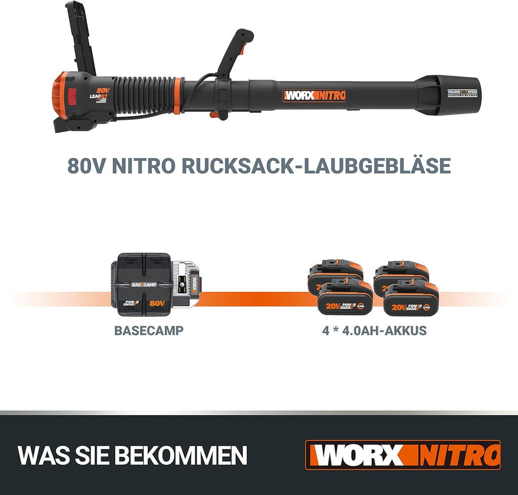 WORX NITRO 40V Profi Akku-Laubbläser WG585E.9 - starker bürstenloser Motor - 3 Geschwindigkeiten & 2 Modus - 266km/h Luftgeschwindigkeit - 1053m³/h Luftmenge - leicht & kompakt - ohne Akku & Ladegerät