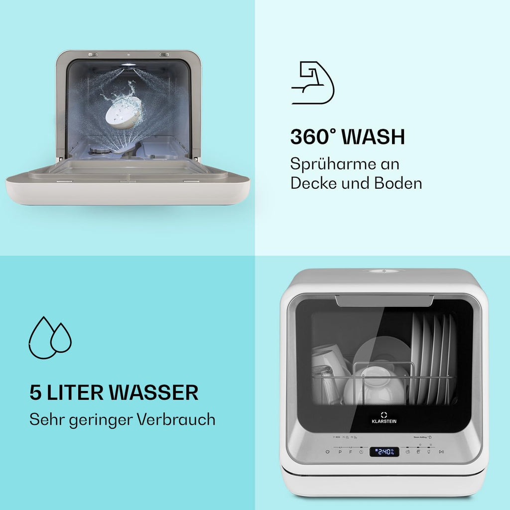 Klarstein ia Mini Lavastoviglie, lavastoviglie con spazio per 2 coperti, 6 programmi, richiede 5 litri d'acqua, display a LED, touch, lavastoviglie da tavolo incl. accessori, nero