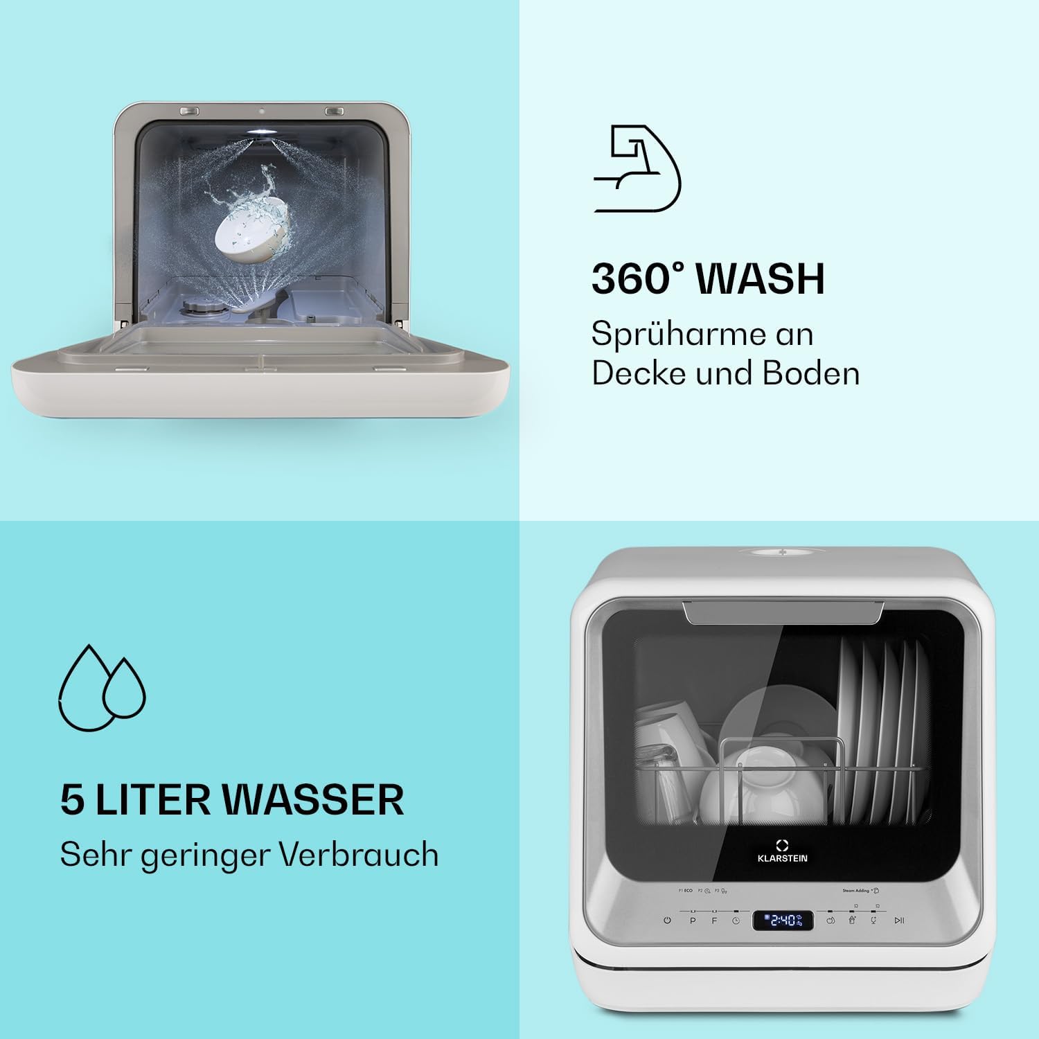 Klarstein ia Mini Lavastoviglie, lavastoviglie con spazio per 2 coperti, 6 programmi, richiede 5 litri d'acqua, display a LED, touch, lavastoviglie da tavolo incl. accessori, nero