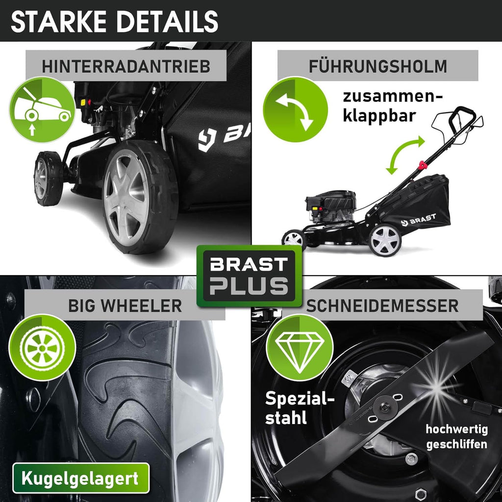 BRAST Tosaerba a Benzina con Trazione | 3,0kW (4,1PS) | Avviamento Elettrico | 41cm Larghezza di Taglio | Vari Modelli | TÜV | Motore 4 Tempi OHV | Altezza di Taglio 25-75mm | Cesto Raccolta 40L | Scocca in Acciaio | 16145 Estart