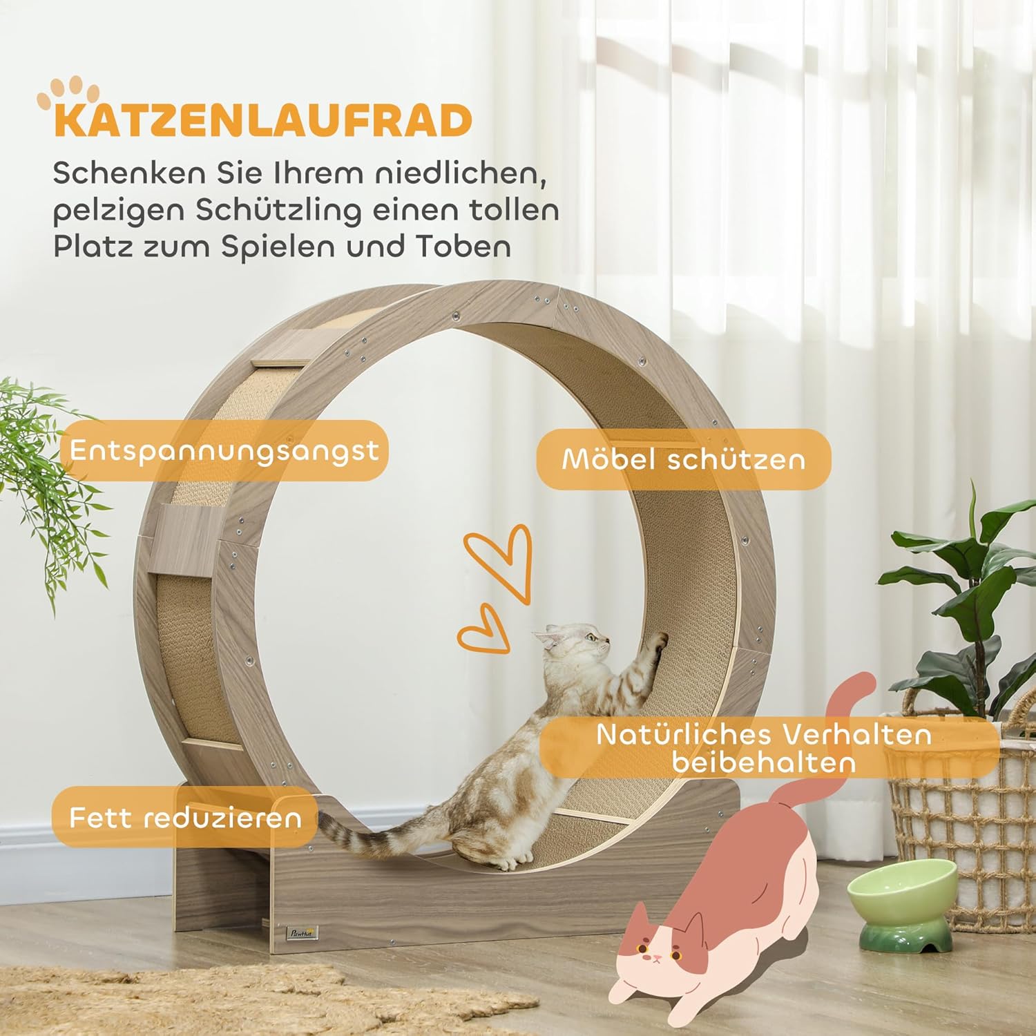 PawHut Katzenlaufrad Laufrad für Katzen 91 cm mit Bremse, Kratzbrett, Katzenrad für gesunde Bewegung, Entspannung, Grau