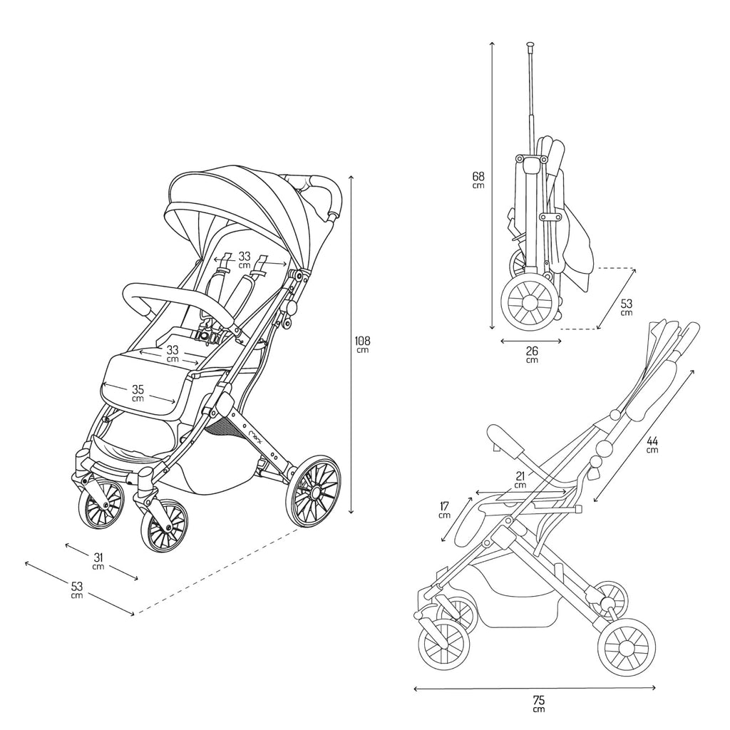 MOMI ESTELLE Kinderwagen für Kinder ab 6 Monat bis zu max körpergewicht von 15 kg, klappbar auf die Maße 65 x 51 x 21 cm, gewicht 7,5 kg, 5-Punkt-Sicherheitsgurt, koffer, grau-gold, Räder 6''/6,5''