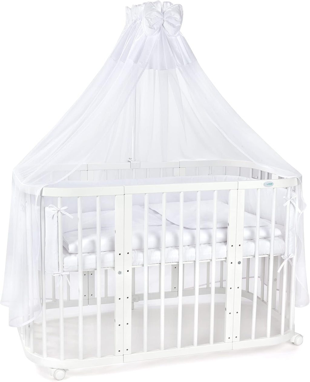 Waldin Lettino per bambini in legno 7in1 con materasso, Letto "Cresci con me", Ventilato, Base regolabile in 5 altezze, Set All-Inclusive, Legno Bianco