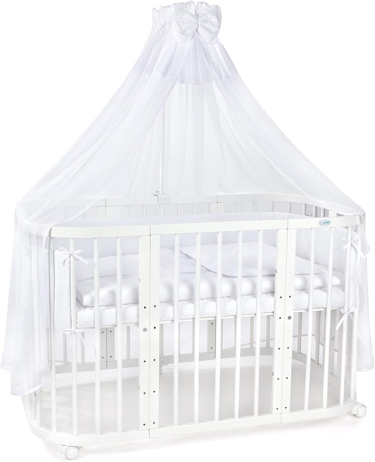Waldin Lettino per bambini in legno 7in1 con materasso, Letto "Cresci con me", Ventilato, Base regolabile in 5 altezze, Set All-Inclusive, Legno Bianco