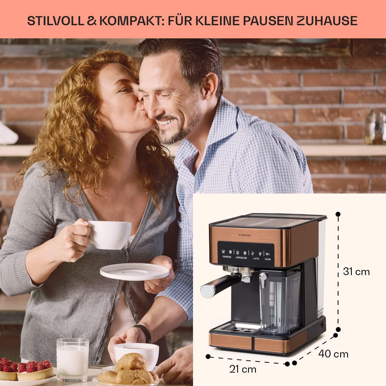 Klarstein Macchina da Caffè Espresso con Lancia Vapore, Macchinetta Caffè con Portafiltro, 1,8 L, 20 Bar, Acciaio Inox, Piccola, Serbatoio Latte 0,5 L, 1350 W, per Caffè in Polvere