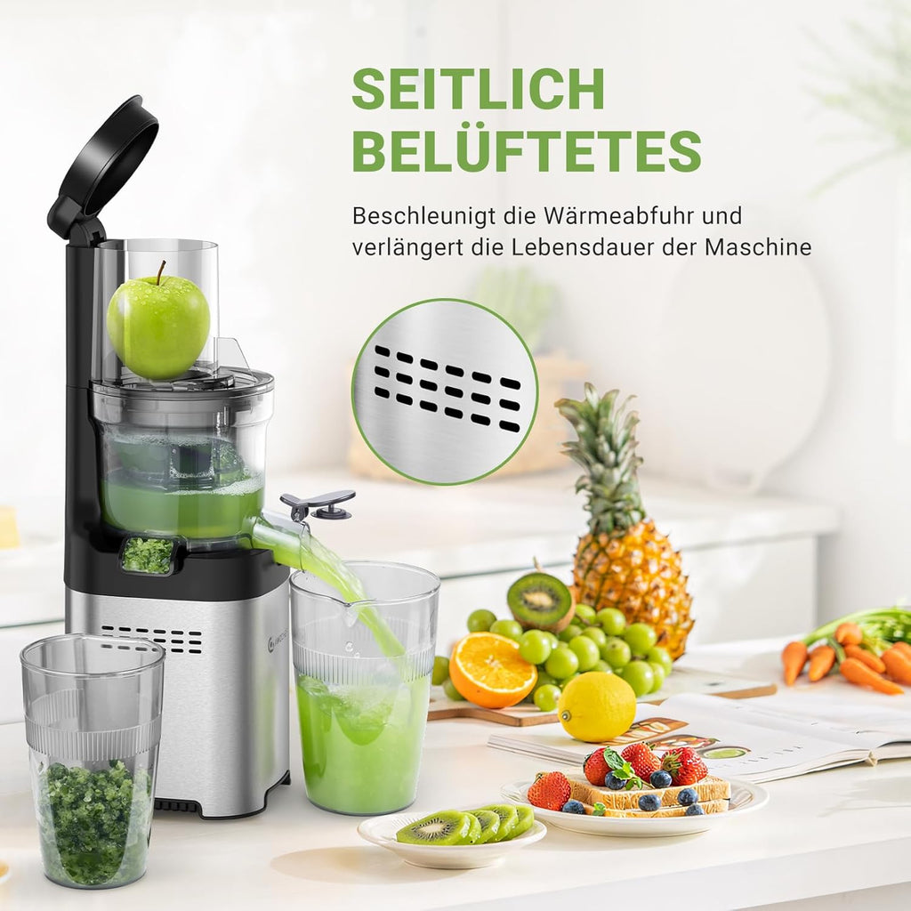 AMZCHEF Estrattore di Succo per Frutta e Verdura con 2 Modalità di Velocità - Slow Juicer con Bottiglia Portatile e 2 Tazze - Cold Press Juicer Senza BPA con LED Intelligente e Funzione di Inversione - Nero