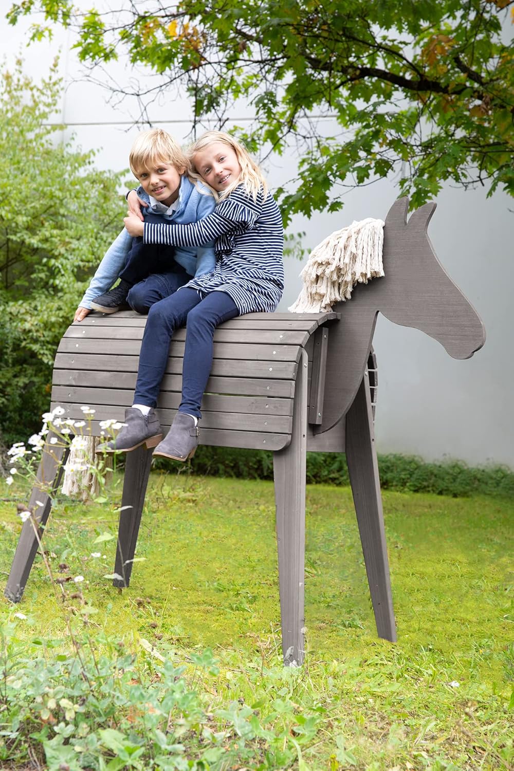 roba Cavallo di legno per il giardino - Cavallo da volteggio con criniera e coda - Cavallo giocattolo per ginnastica e cavalcare - Legno massiccio - Teak laccato