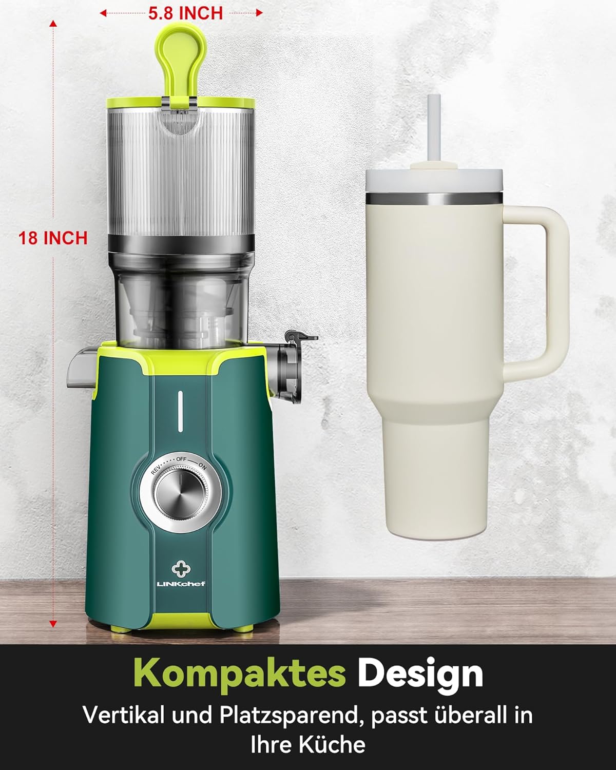 LINKChef Schnellreinigungs Entsafter, NO-Prep Entsafter Gemüse und Obst, Blitzreiniger Saftpresse Slow Juicer Testsieger mit Einfacher Installation, BPA Frei, 115mm, 1.2L, 200w Schwarz
