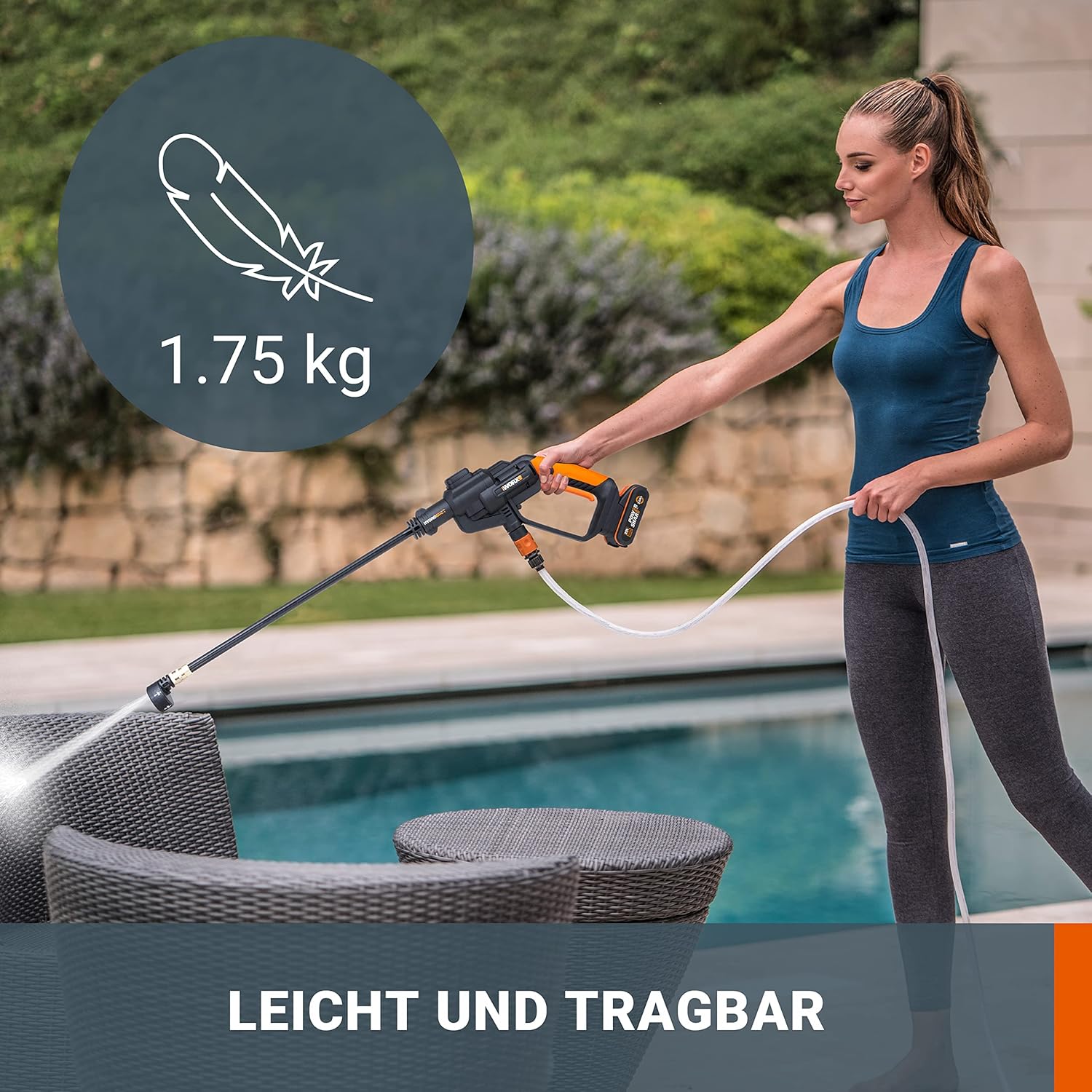 WORX WG620E.2 Akku Hochdruckreiniger Hydroshot 20V – Mobiler Hochdruckreiniger inkl. Multi-Sprühdüse, Waschbürste, Schaumdüse, Flaschenadapter, 6m Schlauch, Ladegerät & 20V Li-Ion Akku