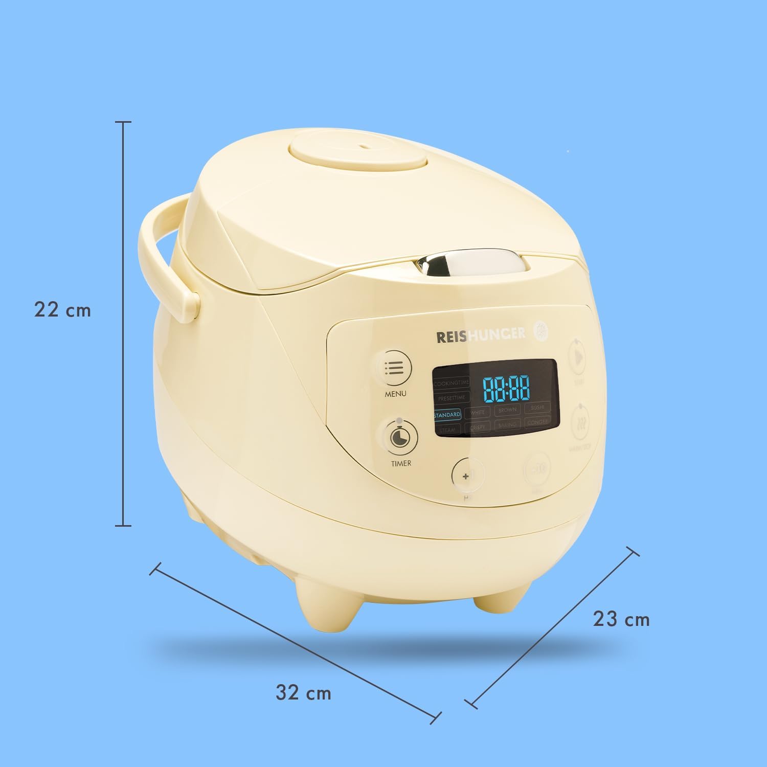 REISHUNGER Cuociriso digitale piccolo, nero | Da 0,6 L fino a 3 persone | Funzione mantenimento calore, timer e pentola premium | Multicooker e vaporiera piccoli, 8 programmi, tecnologia a 7 fasi