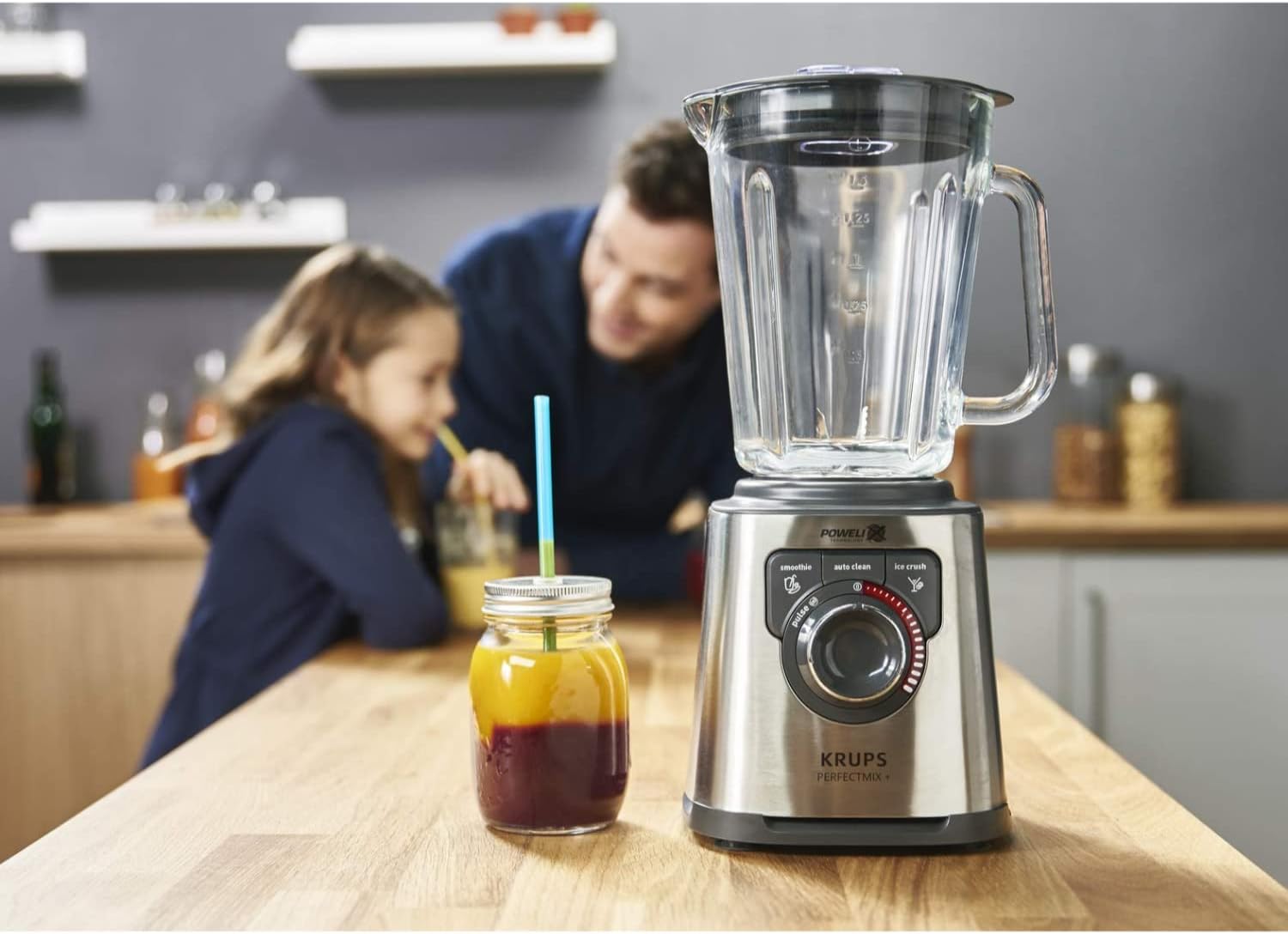 Krups KB403D Perfectmix + Hochleistungsstandmixer, 1.200W, 28.000 UpM, 2L Glasbehälter, 3 voreingestellte Programme, Powelix- Technologie, Edelstahl/Dunkelgrau