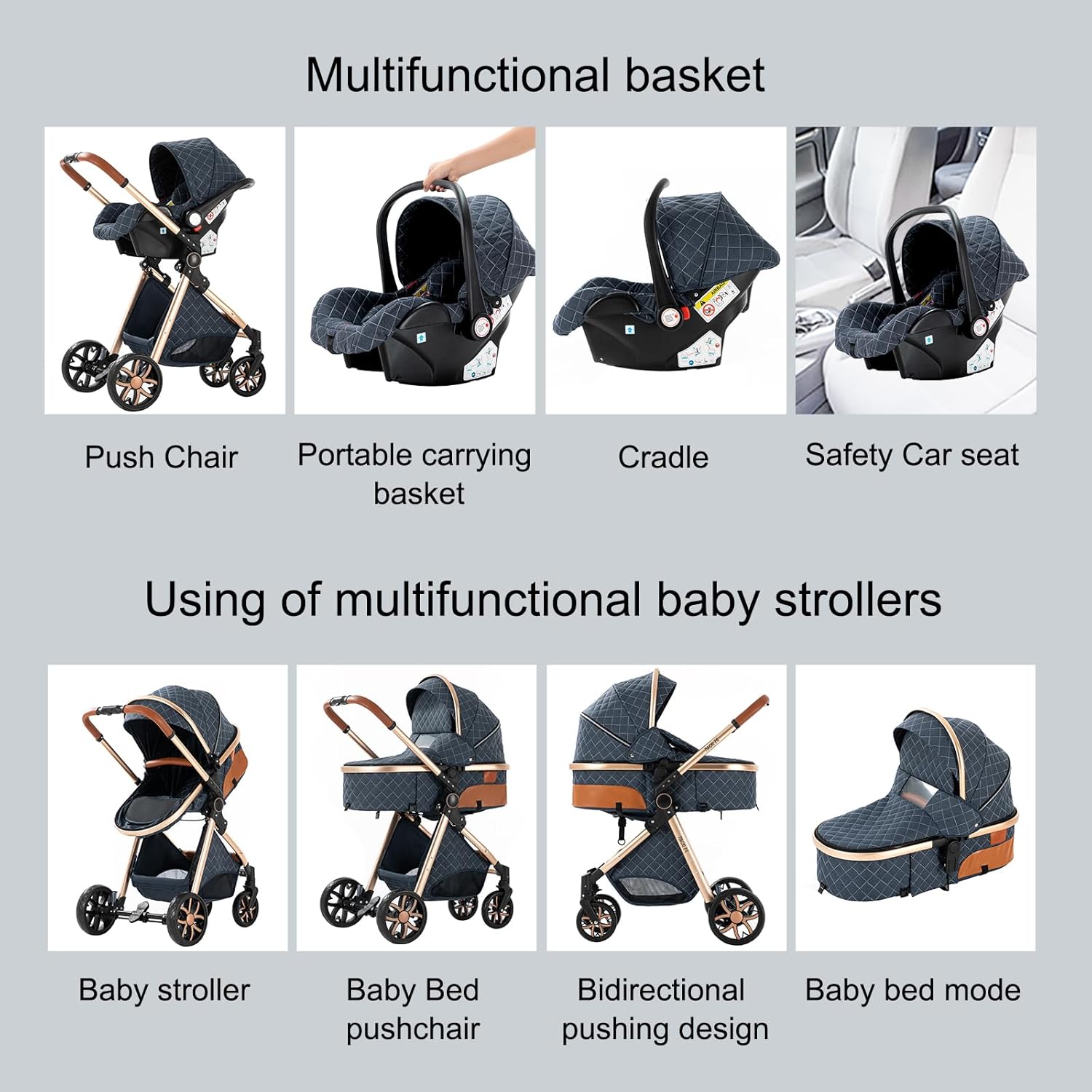 Sianldcone Passeggino 3 in 1, Set Passeggino con Tessuti di Alta Qualità, Sistemi di Viaggio con Spinta Reversibile, Passeggino Combinato a Vista Aperta Set Completo 3 in 1 (V9 Cachi)