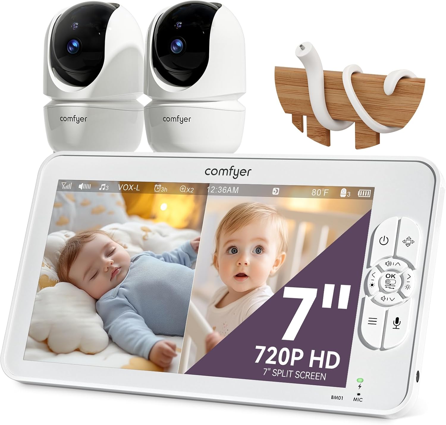 Comfyer Baby Monitor Video Split-Screen con 2 Telecamere, 7" HD 720P Telecamera Nido Wireless con Staffa, Visione Notturna IR, Obiettivo Grandangolare, Modalità Vox, Audio a 2 Vie, Portata di 300 Metri