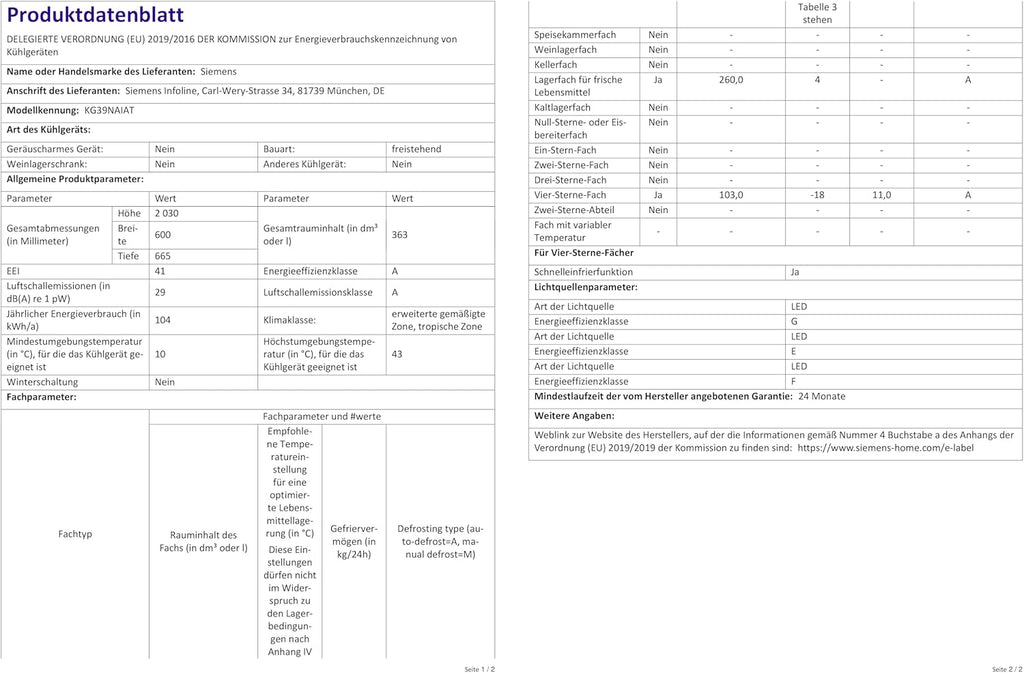 SIEMENS KG39EAICA iQ500 Frigorifero con congelatore, 201 x 60 cm, 249 L frigorifero + 94 L congelatore, LowFrost sbrinamento meno frequente, illuminazione a LED uniforme, BigBox spazio per alimenti congelati di grandi dimensioni
