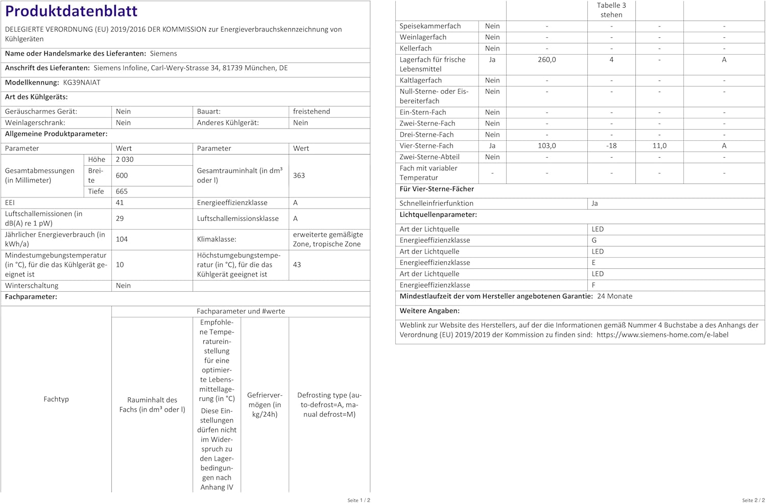 SIEMENS KG39EAICA iQ500 Frigorifero con congelatore, 201 x 60 cm, 249 L frigorifero + 94 L congelatore, LowFrost sbrinamento meno frequente, illuminazione a LED uniforme, BigBox spazio per alimenti congelati di grandi dimensioni