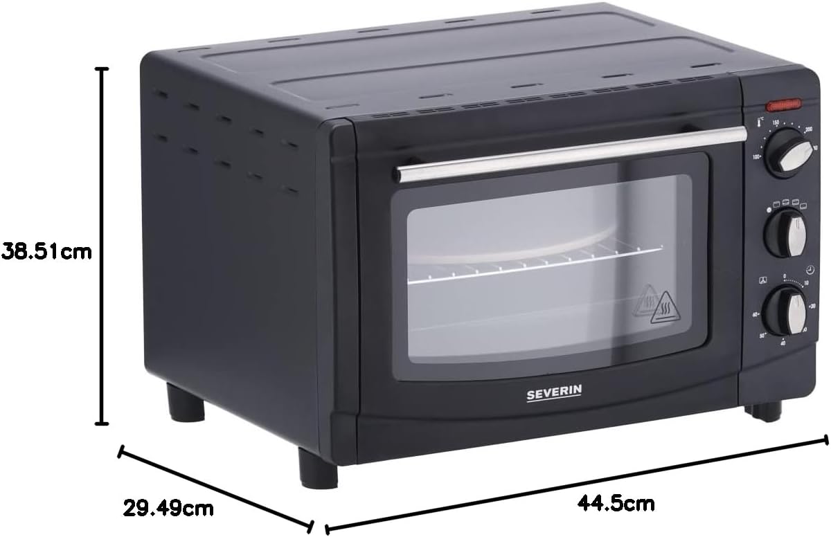 SEVERIN Back- und Toastofen mit Umluftfunktion, Mini Backofen mit Grillrost, Backblech, Drehspie und Pizzastein, vielseitiger Heiluftofen mit 20 L Kapazitt, 1.500 W, schwarz, TO 2068