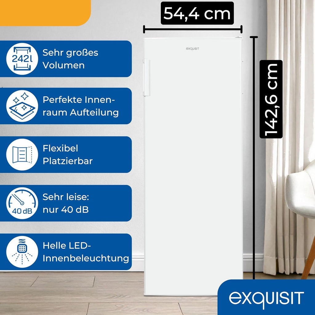 Exquisit Frigorifero senza congelatore, Frigorifero grande, 5 ripiani, 242 litri, Frigorifero da incasso alto 143 cm, KS5320-V-H-040E bianco