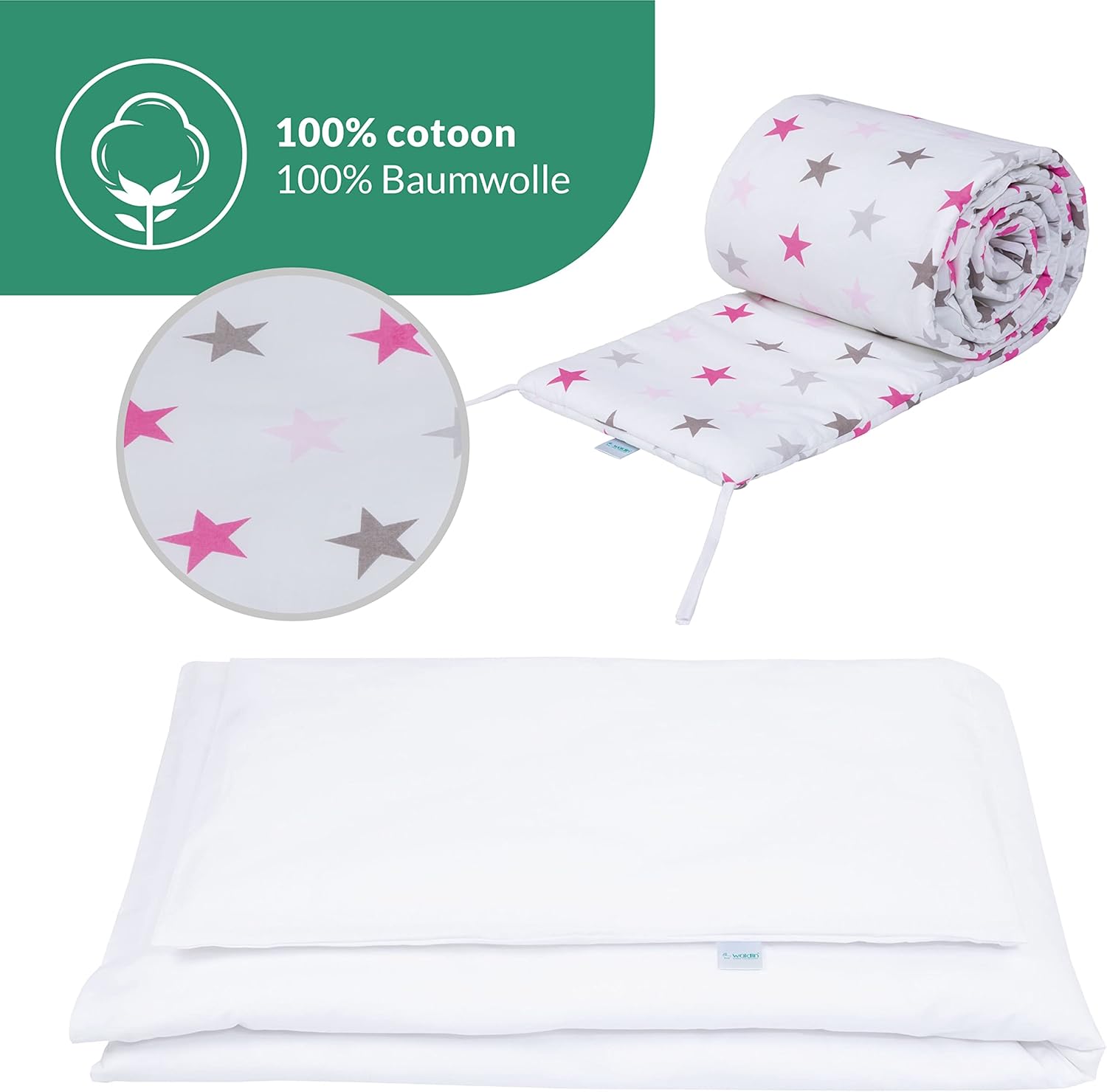 Waldin Lettino per bambini in legno 7in1 con materasso, Letto "Cresci con me", Ventilato, Base regolabile in 5 altezze, Set All-Inclusive, Legno Bianco