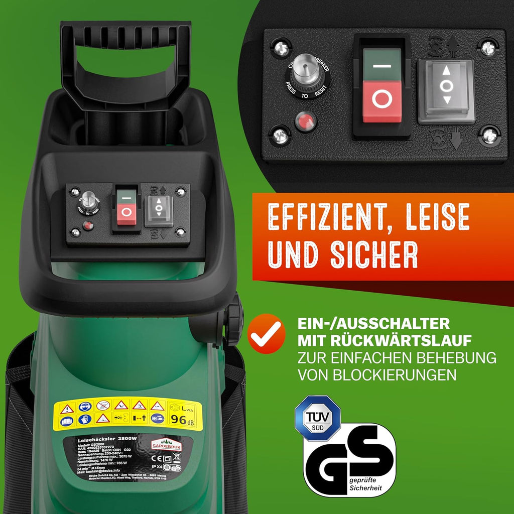 Gardebruk® Leisehäcksler 3100 W max. 44 mm Aststärke Elektrisch 2 x 60 L Auffangbeutel Gartenhäcksler Walzenhäcksler Schredder Häcksler