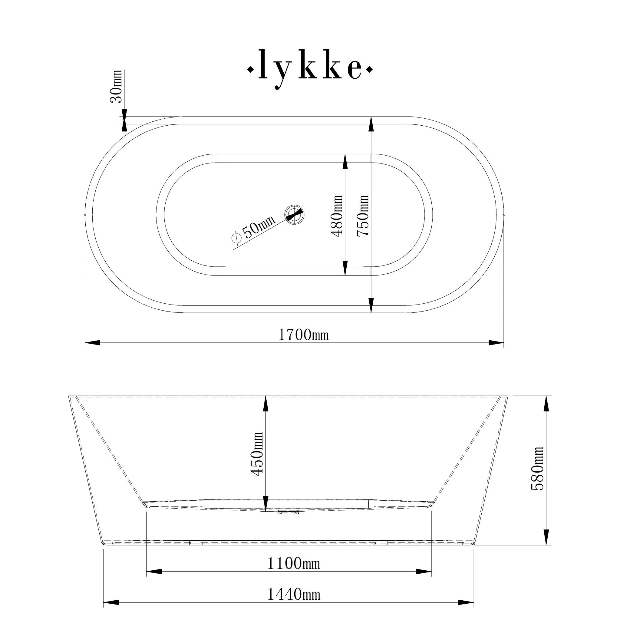 Lykke Badewanne Polar Deluxe 1700x750x580mm, wei