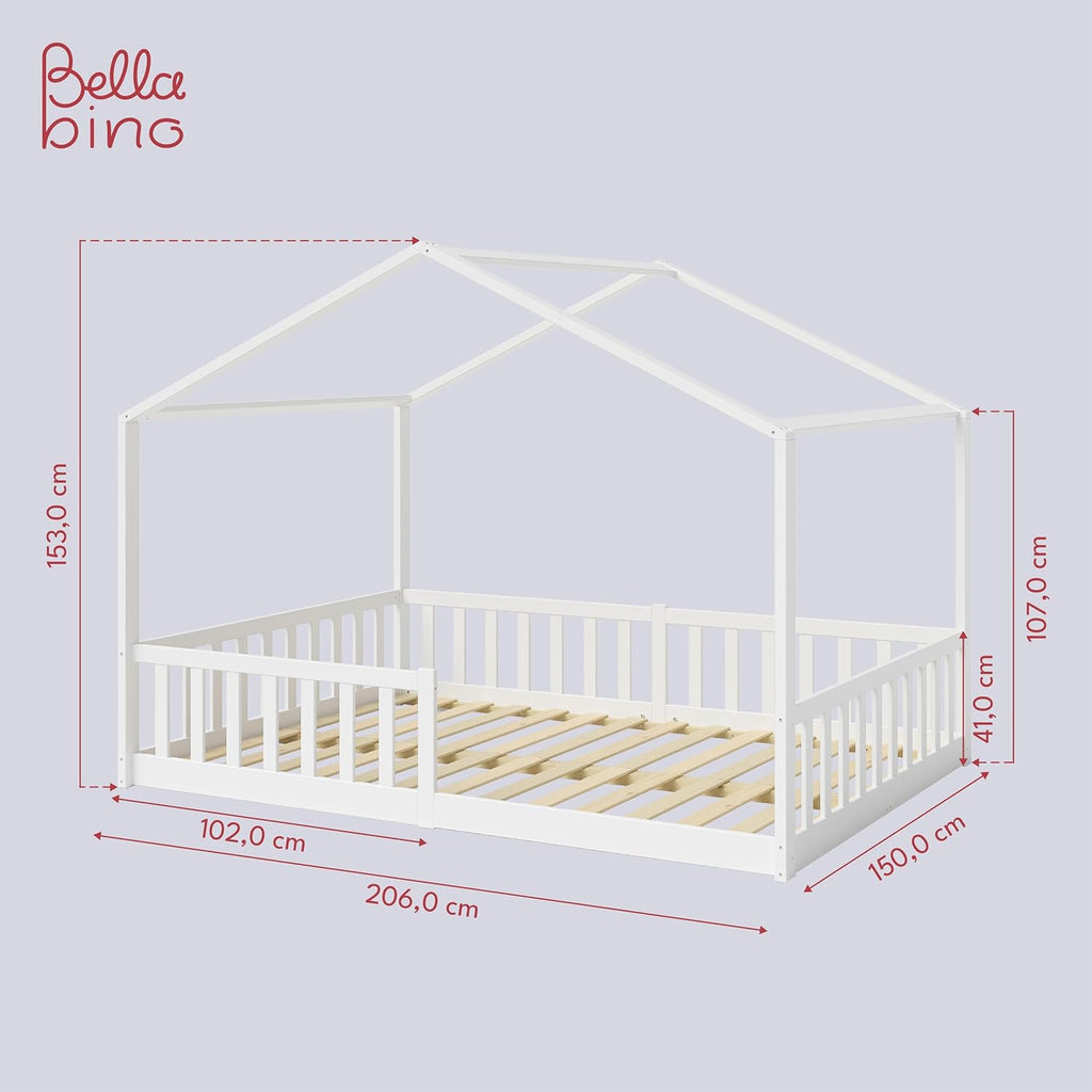 Bellabino Lettino per bambini Bia 140x200 cm, letto a capanna per bambini con protezione anticaduta e rete a doghe arrotolabile, letto a terra Montessori bianco in legno massello di pino