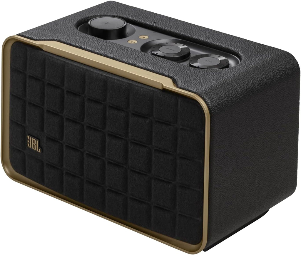 JBL Authentics 200 Smart Home Altoparlante – Cassa Bluetooth dal design retrò anni '70 – Con griglia Quadrex, Google Assistant, Alexa, AirPlay e JBL One App – Nero