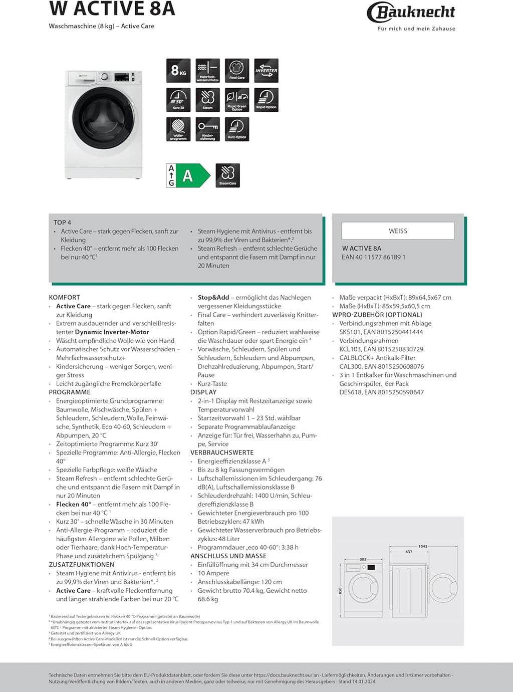 Bauknecht W Active 8A Lavatrice a carica frontale/ 8kg/ potente rimozione delle macchie/ programmi a vapore/ opzione Steam Hygiene/ classe di efficienza energetica A/ funzione Stop&Add/ motore ProSilent [Classe energetica A]