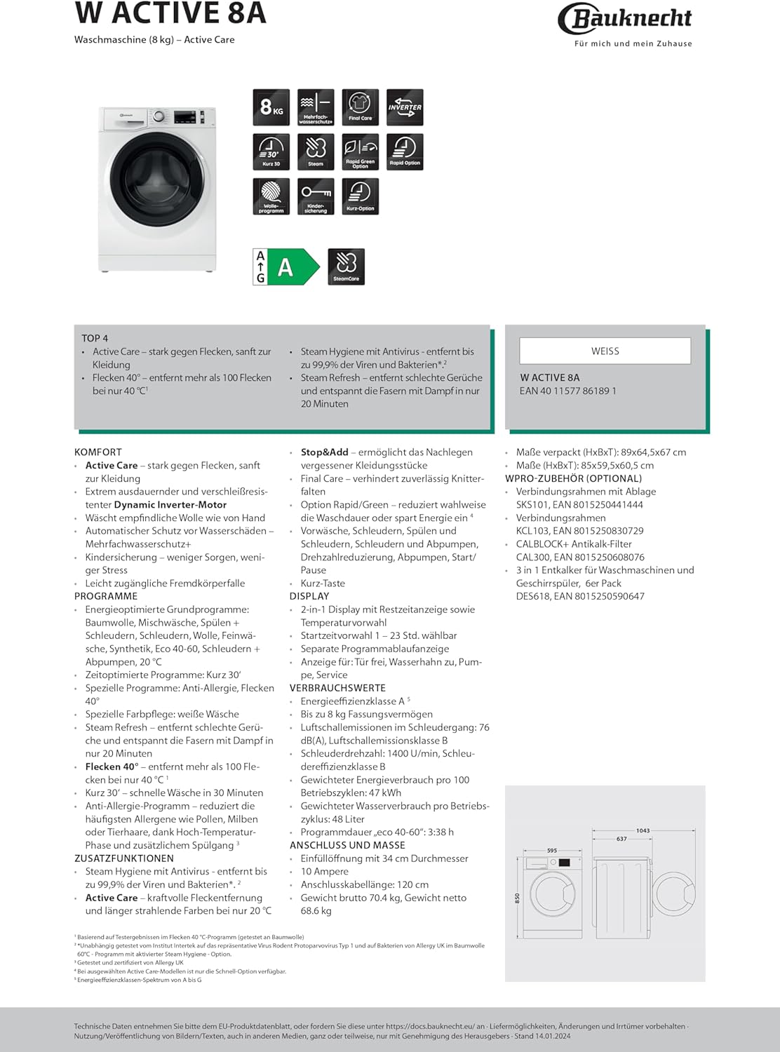 Bauknecht W Active 8A Lavatrice a carica frontale/ 8kg/ potente rimozione delle macchie/ programmi a vapore/ opzione Steam Hygiene/ classe di efficienza energetica A/ funzione Stop&Add/ motore ProSilent [Classe energetica A]