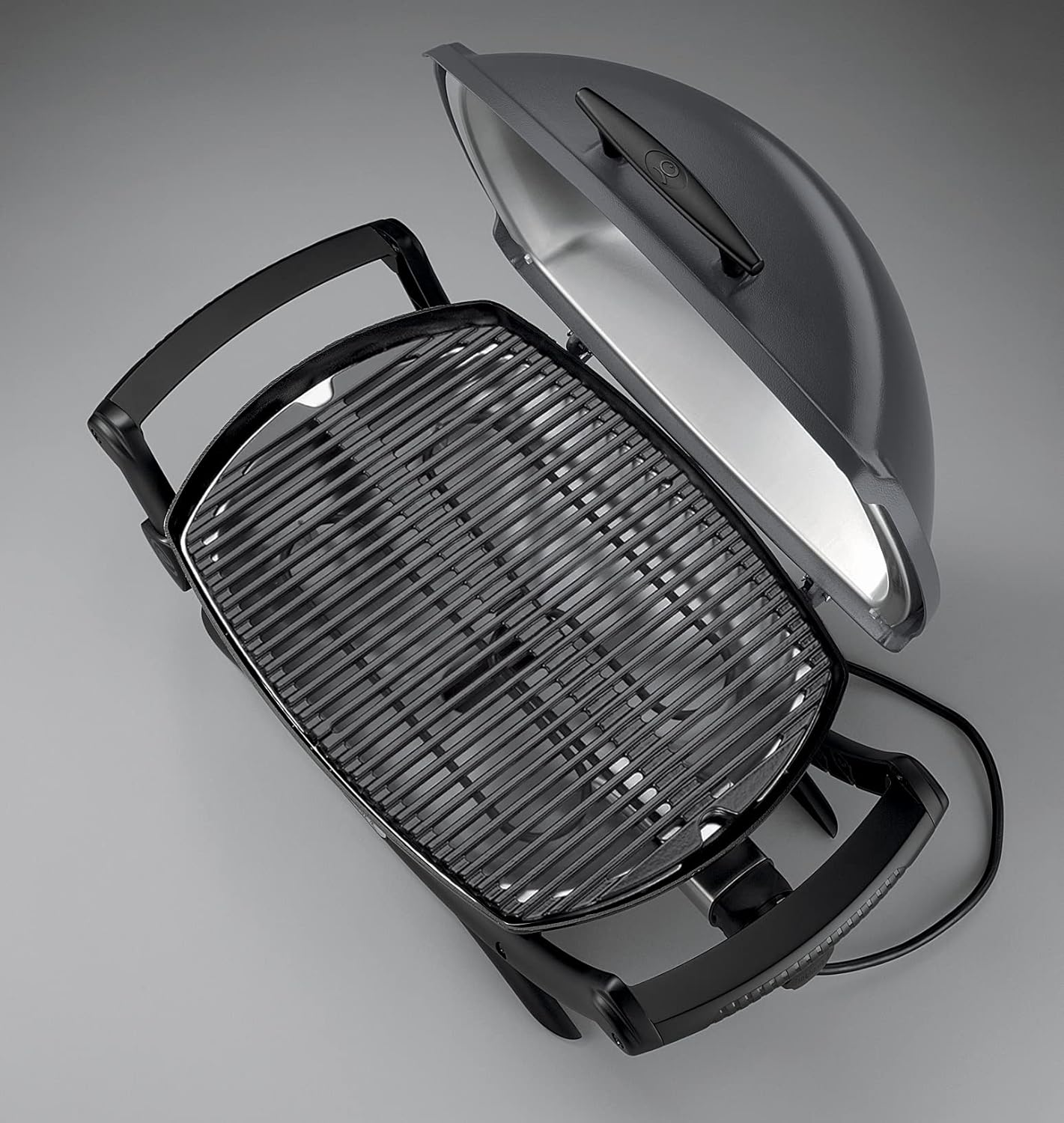 Weber Q2400 Barbecue elettrico con supporto + tavolini laterali, superficie di cottura 54 x 39 cm, portatile, griglia di cottura in ghisa smaltata in due pezzi, coperchio e braciere in ghisa d'alluminio - Grigio scuro (55020879)