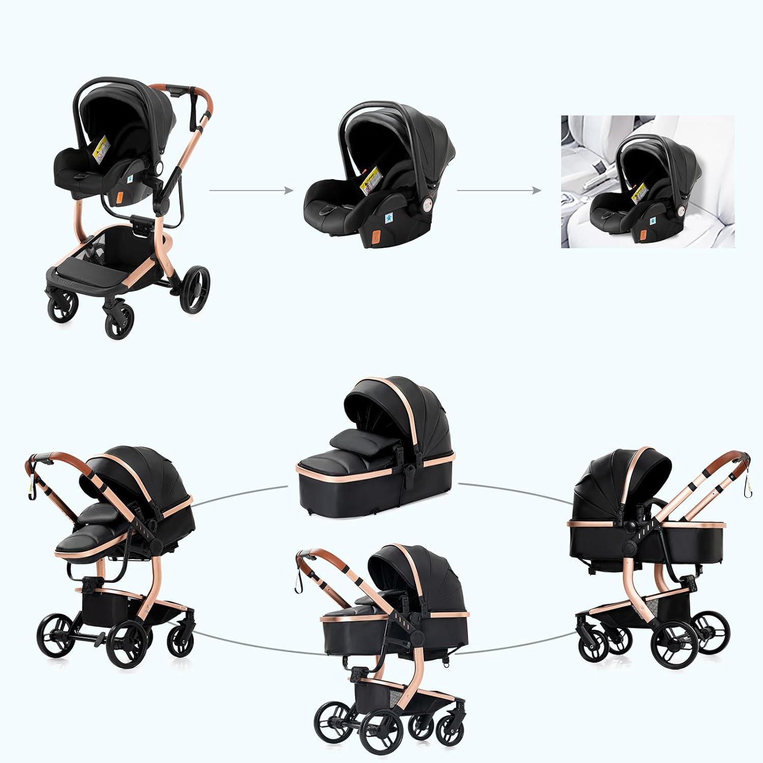 Sianldcone Passeggino 3 in 1, Set Passeggino con Tessuti di Alta Qualità, Sistemi di Viaggio con Spinta Reversibile, Passeggino Combinato a Vista Aperta Set Completo 3 in 1 (V9 Cachi)