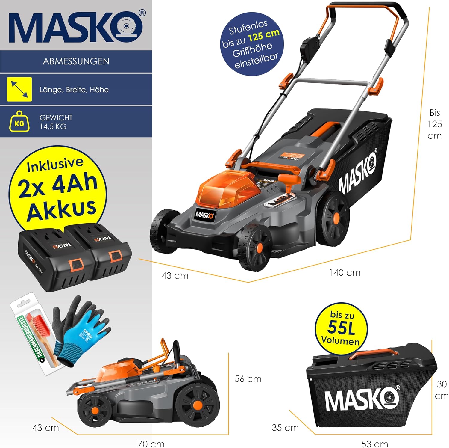 MASKO® Rasenmäher mit Mulchfunktion inkl. Zubehör, Akku Li-Ion Batterie 4Ah und Ladegerät – Rasentrimmer Schnittbreite 33cm 5 fache 25-75mm Schnitthöhenverstellung Fangkorb 30 Liter bis 150m² Flächen