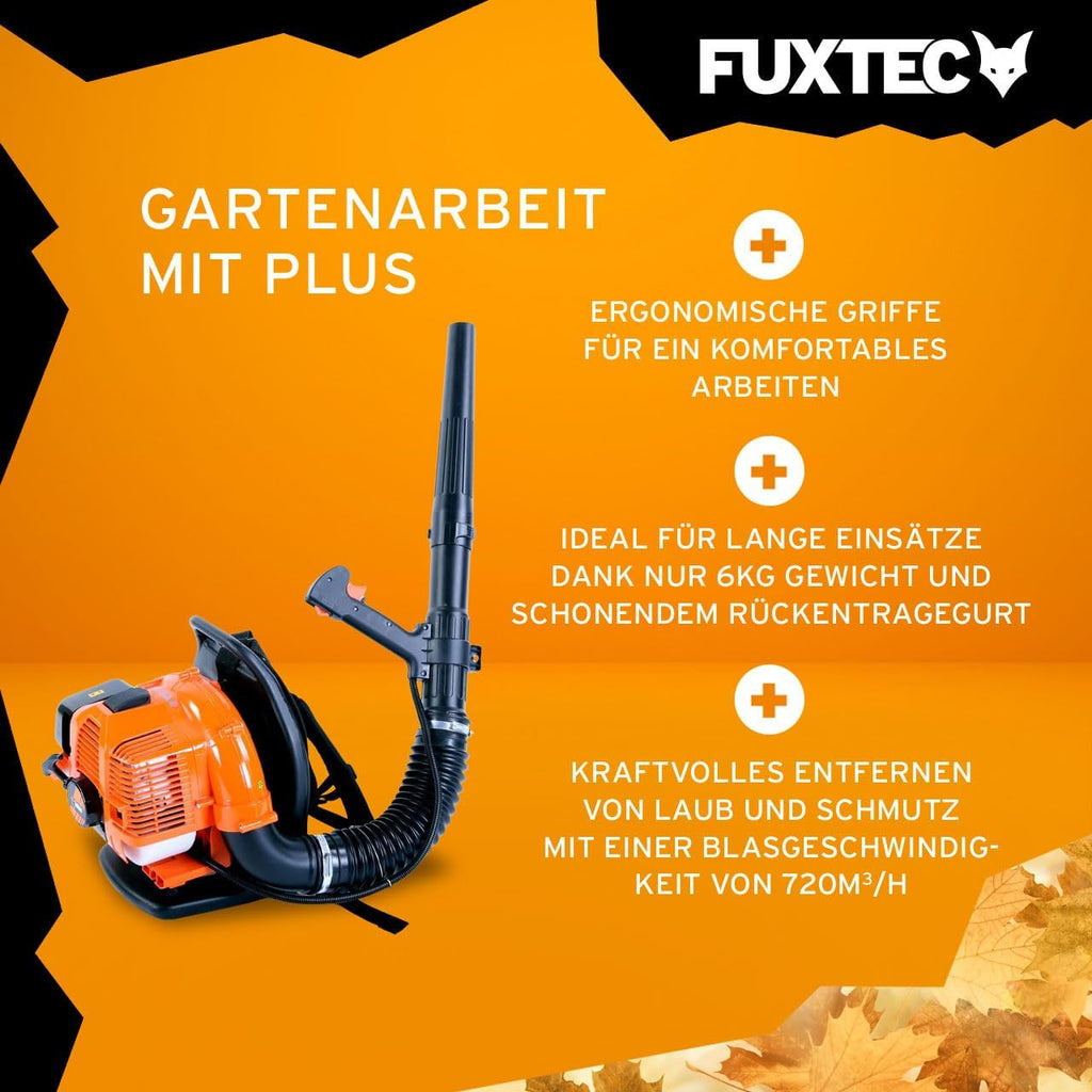 FUXTEC Soffiatore a benzina a zaino FX-LB133T – oltre 300 km/h – comodo per la schiena e portatile per grandi superfici – soffiatore a zaino, soffiatore a 2 tempi