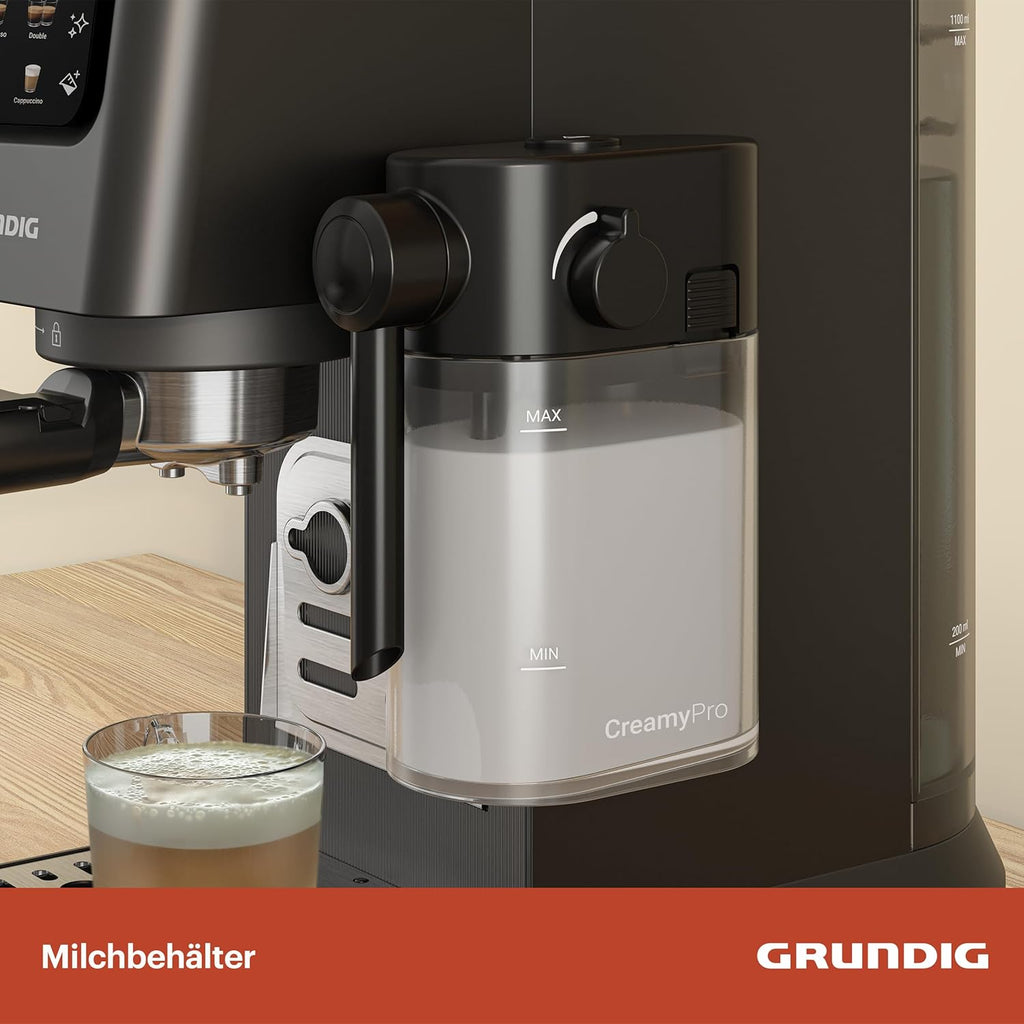 GRUNDIG KSM 5330 Macchina da caffè con portafiltro e contenitore per il latte integrato, 1628 W di potenza, 15 bar di pressione della pompa, ugello doppio, display touch a colori, BrewSense, CreamyPro, Inox scuro/Nero