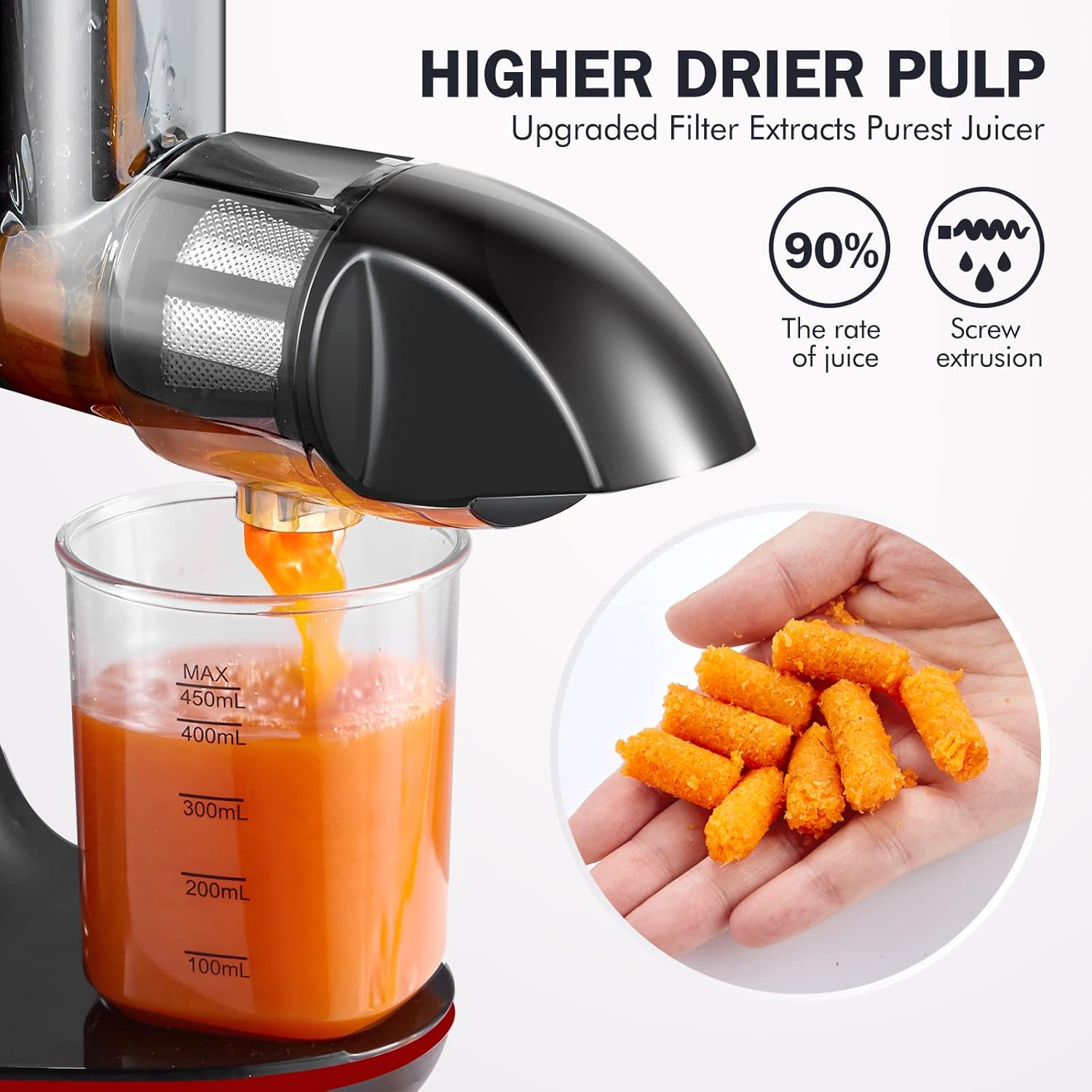 AMZCHEF Estrattore di Succo per Frutta e Verdura con 2 Modalità di Velocità - Slow Juicer con Bottiglia Portatile e 2 Tazze - Cold Press Juicer Senza BPA con LED Intelligente e Funzione di Inversione - Nero